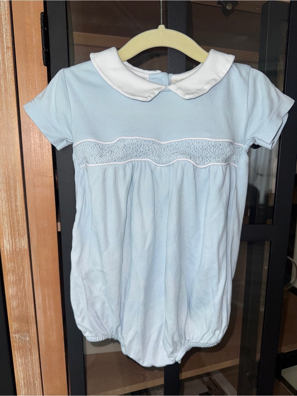 TBBC Short Sleeve Banbury Bubble smocked romper collar Buckhead Blue toddler
